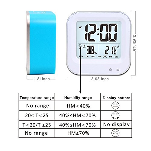 Bedroom 3 in1 Multifunction Alarm Clock, Rechargeable Alarm Clock with 12h or 24h/Temperature(C/F)/Humidity/Week Display, Snooze/Smart Nightlight Function (9909-Blue)