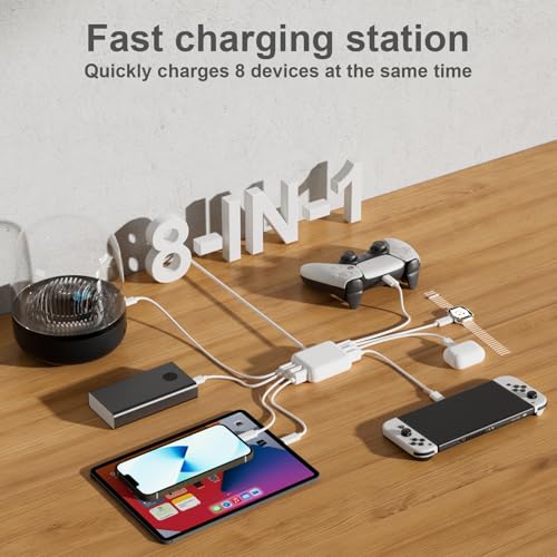 Qurzou USB Charging Station 40W, 8 Port USB C Charger Hub Multiport,PD Fast Charger Dock for iPhone,iPad,Samsung, Tablets,Fan (WHITE)