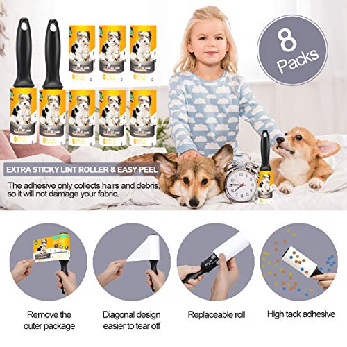 Lint Roller Pet Hair Remover 8 Pack - Extra Sticky Lint Rollers Refill for Clothes, Car Seats, Food Particles and etc