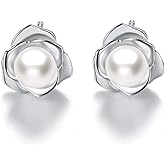 "Lovely Rose" High Polished 925 Sterling Silver Earrings with 7mm Natural Freshwater Pearl