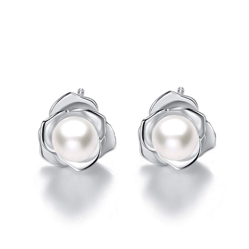 "Lovely Rose" High Polished 925 Sterling Silver Earrings with 7mm Natural Freshwater Pearl, 7mm - 9mm, silver plated base gold plated base, Pearl