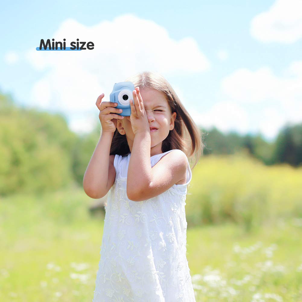 Enow Kids Camera, 16MP 1080P HD Child Digital Video Rechargeable Cameras Toys with Soft Silicone Shockproof Shell for Age 3-14 Boys Girls Outdoor Play, Mini Cartoon Blue (32GB Memory Card Included)