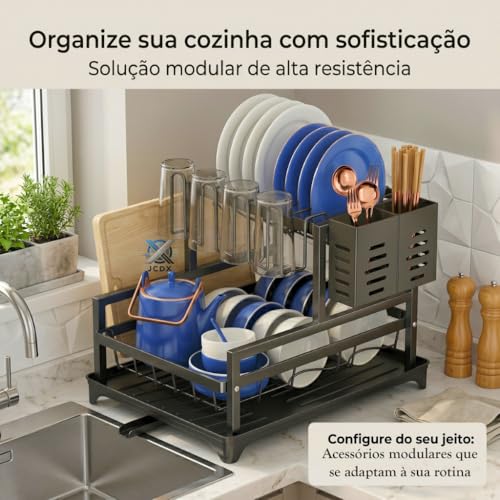 Escorredor de Louça em Aço Carbono Organizador de Pia e Cozinha Escorredor de Pratos, Resistente Antiferrugem, Suporte para Talhere, Copo, Tábua, Faca Bandeja de Drenagem de Água (Escorredor 1)