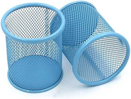 Homiom 2 Pcs 3.5 inch Round Mesh Cup Desk Pen Pencil Holder , Blue