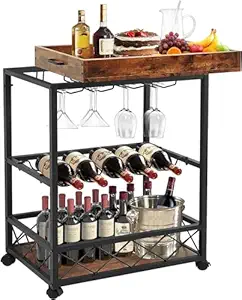 INDIDECOR 61893 Bar Carts for The Home, Rolling Bar Cart with Removable Tray, Wooden Bar Cart with Wine Rack, Serving Cart with Wheels and Handle, Wine Cart, Kitchen Serving Cart with Glass Holder