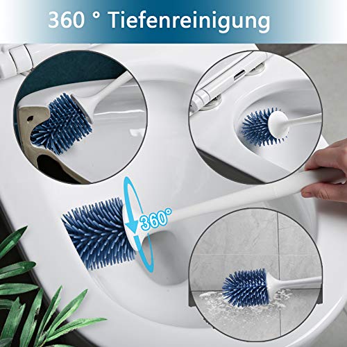 Toilettenbürste,Cshare Silikon WC Bürste mit Halter Wandmontage & Stehen,Langer Stiel klobürste und Schnell Trocknendem Haltersatz für Bad Reinigung und Organisation–Blau