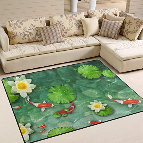 Japanese Koi Fish in Pond Area Rug 4'x6', Educational Polyester Area Rug Mat for Living Dining Dorm Room Bedroom Home Decorative