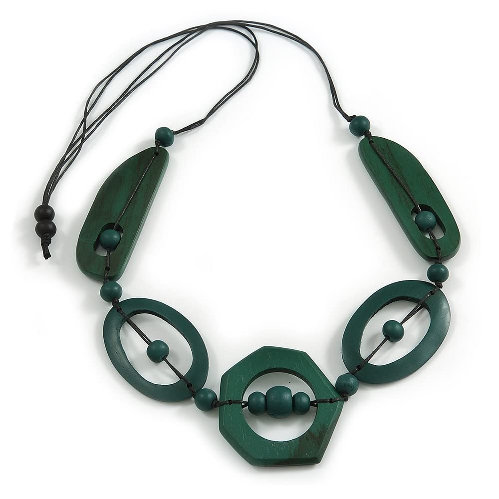 Avalaya Long Geometric Dark Green Painted Wood Bead Black Cord Necklace - 90cm Max/Adjustable