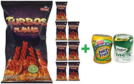 Sabritas Turbos Corn Snacks Flamas - 9.25 Oz ( 8 PACK )+ Fruity Chews Gum Watermelon 1/60 Count + Trident Go Cup Spearmint 1/60 Count (BUNDLE)