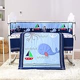 Wowelife Blue Crib Bedding Sets Sea Octopus and Whale Baby Crib Sets 7 Piece(Blue-7 Piece)