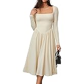 CHYRII Women Spring Fashion 2025 Square Neck Long Sleeve Casual A-Line Midi Dress