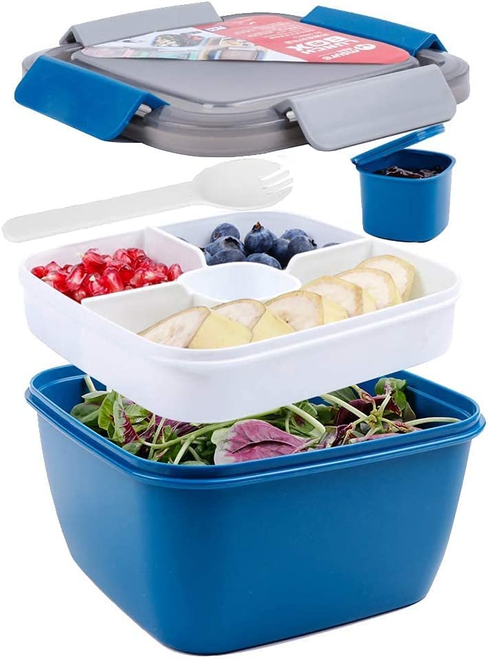 Greentainer 52 OZ to Go Salad Container Lunch Box, BPA-Free, 3-Compartment for Salad Toppings and Snacks Bowl with Dressing Container, Built-in Reusable Spoon, Microwave Safe-Navy
