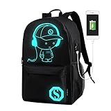 Anime Backpack for School, SKL Luminous Backpack Canvas Cartoon Backpack with usb Cable and Lock and Pencil Bag for Teens Girls Boys-Black