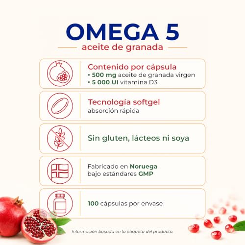 Swedan Naturals Omega 5 Aceite de Granada con Vitamina D3, Suplemento Alimenticio en Cápsulas, Fuente Natural de Ácido Púnico, 100 Cápsulas