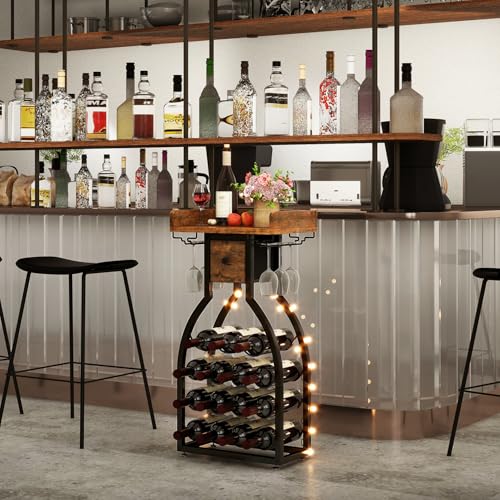 IBUYKE 15 Bottle Freestanding Wine Rack with Glass Holder and Storage Drawer, Mini Shelving Unit for Kitchen, Bar and Dining Room, Rustic Brown TMJ908H