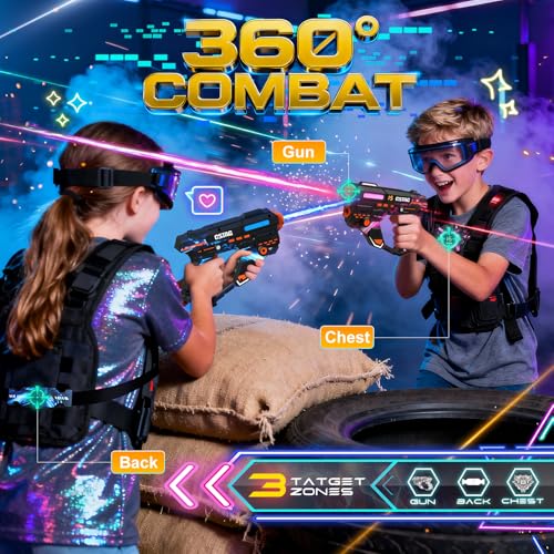 VATOS Rechargeable Laser Tag Game with 360° Sensors for 4 Players, 2.4GHz Infrared with Real Time Data Display, Family and Group Game for Kids Teens Gifts