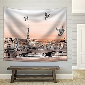 Vector - View of Paris from Pont Des Arts - Vector Illustration - Fabric Wall Tapestry Home Decor - 51x60 inches