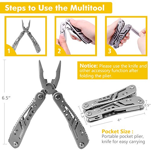 Multitool 24-in-1 Pocket Multi Tool Plier Knife Kit Heavy Duty Stainless Steel Multi-purpose Tool for Hunting Hiking Camping Outdoor Survival with Multifunctional Bracelet & Nylon Sheath (Multi-Plier)