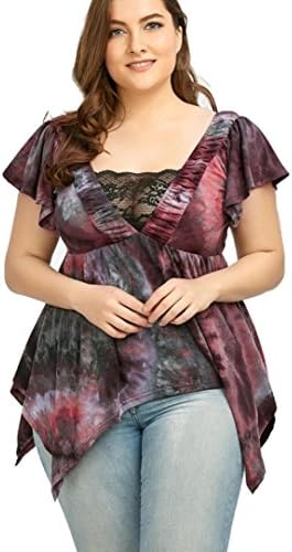 HongXanderPlus Size Women Loose Casual Short Sleeve Sexy Lace Shirt Tops Blouse Tops (L3, Red)