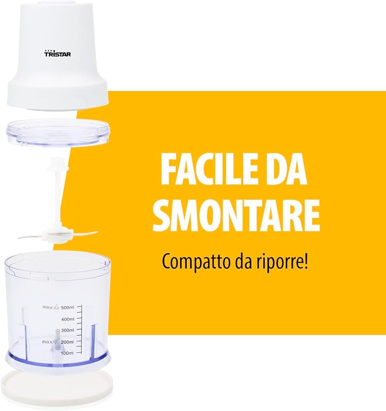 Tritatutto in Acciaio Inox, Motore 400W, 2 Velocità con Turbo, 2 Lame in Acciaio, Ciotola 0.5L, Design Compatto, Parti Lavabili in Lavastoviglie, BL-4023