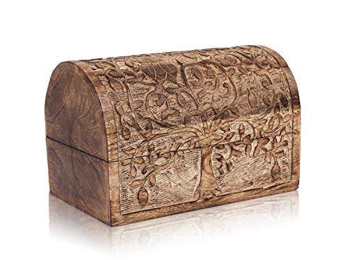 Great Birthday Gift Ideas Handmade Decorative Wooden Keepsake Jewelry Box With Tree of Life Carvings Jewelry Organizer Treasure Chest Trinket Holder Watch Storage Lock Box (Antique Finish)