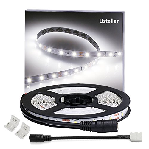 Ustellar LED Light Strip, 300 Units SMD 2835 LED Tape, 6000K Daylight White, 16.4 Foot/ 5 Meter 12V LED Ribbon,  Non-waterproof Flexible Lighting Strips, DIY Holiday Home Kitchen Car Bar Indoor