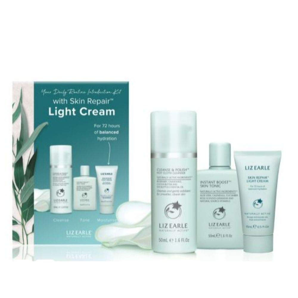 Liz Earle Your Daily Routine Introduction Gift Kit - Skin Repair Light Cream Gift Set Of Cleanse & Polish Hot Cloth Cleanser 50ml, Instant Boost Skin Tonic 50ml, Skin Repair Light Cream 15ml + Cloth