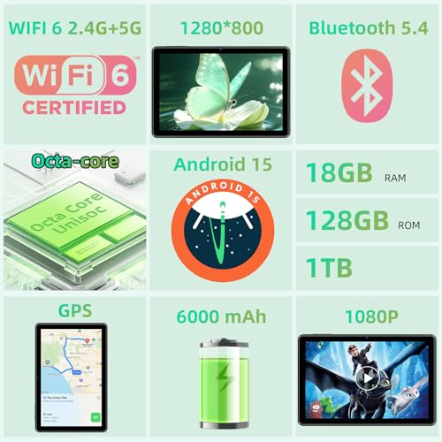 Tablet 10 inch Android 15 Tablets, 18GB RAM 128GB ROM 1TB Expand, Octa-Core Processor, 1280x800 IPS Widevine L1, WiFi 6, 8MP+5MP Dual Camera, BT5.4, 6000mAh, GPS，Gray