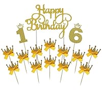 Gold Happy Birthday Cake Topper 16th Number Crown Cupcake Picks For Theme Party Dessert Table Decor Supplies by GOCROWN