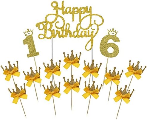 Gold Happy Birthday Cake Topper 16th Number Crown Cupcake Picks For Theme Party Dessert Table Decor Supplies by GOCROWN