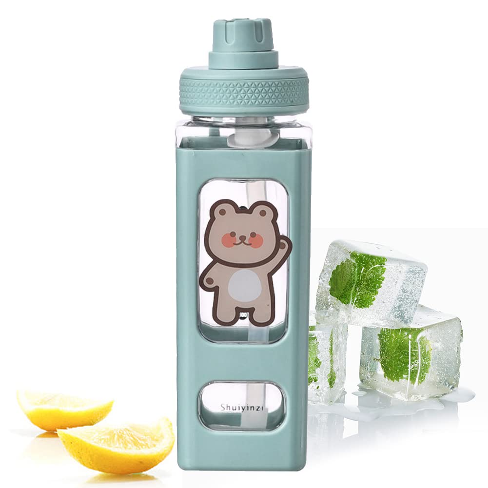 700ml Water Bottle with Straw,Cute Sports Water Bottle with Sticker,Kawaii Drinking Bottle,Large Capacity Reusable Leak Proof Sports Drink Bottle for School Office Outdoor Sports Kids Girls Boys,Green
