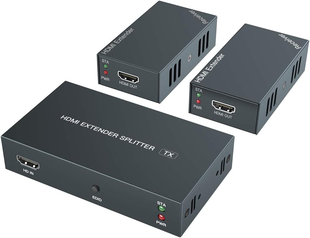 HDMI Extender 1 to 2 Splitter Transmit 1080p HD Video Over 50m/165ft Ethernet Cat5e/6 with 2 HDMI Local Output, Works with Computer/Camera/Projector/TV: Home Audio & Theater