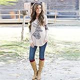 FULLIN Women Casual Elk Long Sleeve Round Neck Splice Pullover Shirt Blouse Top