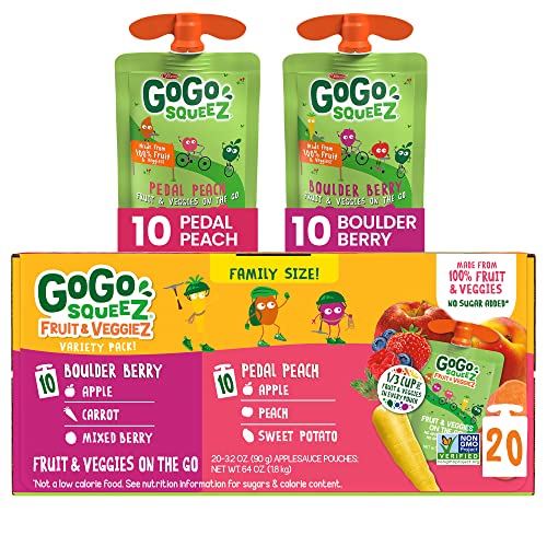 GoGo squeeZ Fruit & veggieZ Applesauce and Puree Variety Pack, Pedal Peach and Boulder Berry, 3.2 oz (Pack of 20), Unsweetened Snacks for Kids, BPA Free Pouches