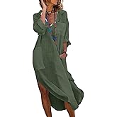 utcoco Womens Casual Loose Cotton Linen Long Shirt Dress Lapel Button Cuffed Sleeve Side Split Dresses with Pockets