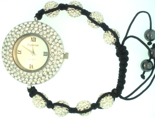 Shamballa Watch White Crystal Pave Bezel and Pave Crystal Balls with Black Cord and Hematite Beads Shamballa Watch White Crystal Pave Bezel and Pave Crystal Balls with Black Cord and Hematite Beads