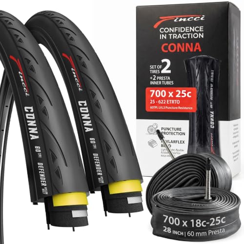 Fincci Racing Bike Tyres, 700 x 25 C, Pair of Folding Bike Tyres 28 and 2 x Inner Tubes 700 x 25 cm, Puncture Proof 1 mm Tyres for Sports Road Bike Cycle – Pack of 2