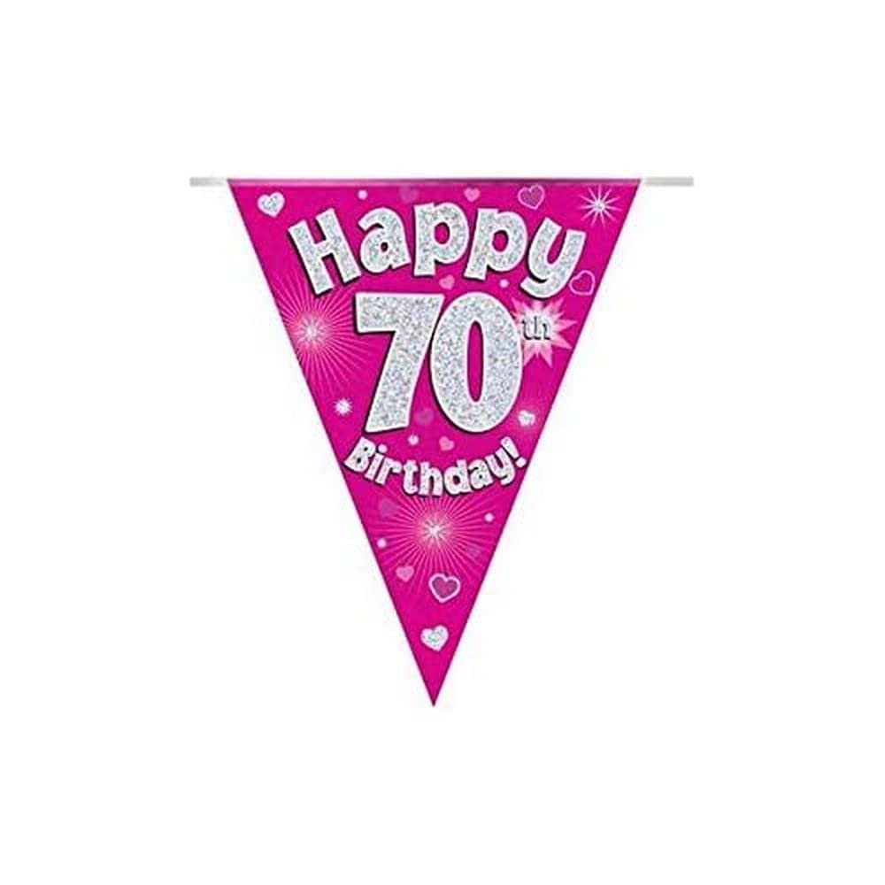 Party Bunting Happy 70th Birthday Pink Holographic 11 flags 3.9m