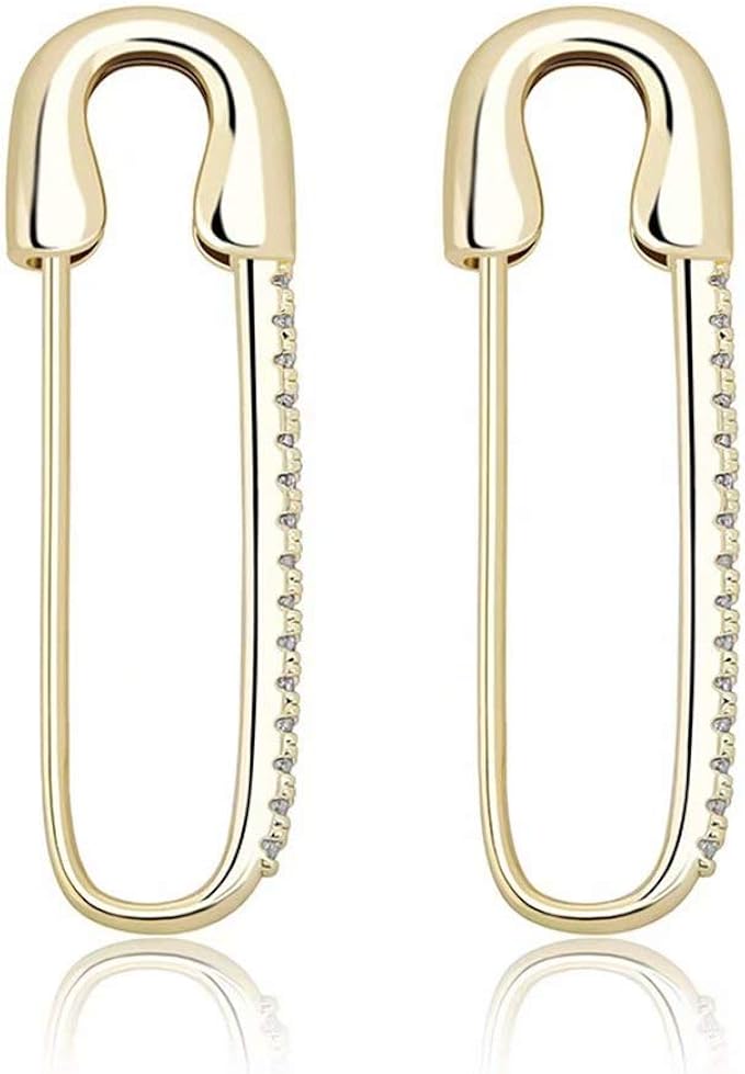 Safety Pin Earrings, 18K Gold Plated Micro Pave Cubic Zirconia CZ