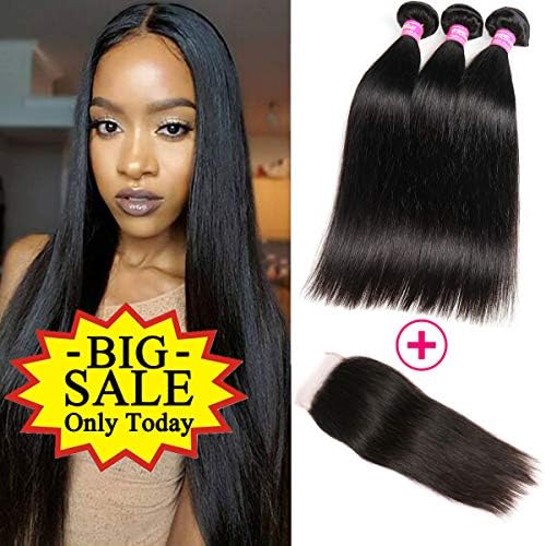 VRBest Brazilian Straight Hair Extensions 3 Bundles with Lace Closure 10A Virgin Human Hair Bundles 100% Unprocessed Hair Weaves Natural Color with 4x4 Free Closure（10 12 14 +10）