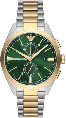 Orologio da uomo, movimento cronografo, cassa in acciaio inossidabile argentata da 43 mm con bracciale in acciaio inossidabile, AR11511, Tonalità Oro e Verde, 43 mm