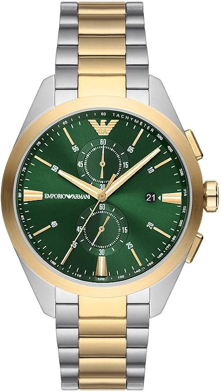 Watch for Men, 2 sub dial Chronograph Movement and 43mm Case Size with Stainless Steel, Leather or Silicone Strap Goldton und Grün, 43MM