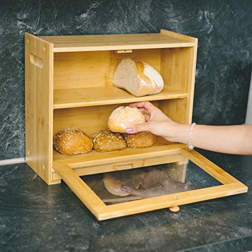 Large Bread Box for Kitchen Countertop 2Shelf Bamboo Pastry Box with