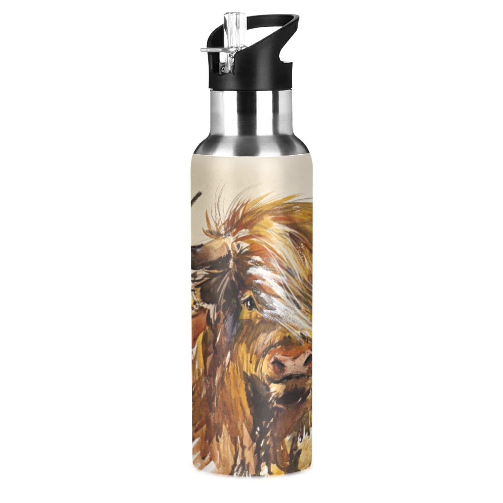 Xigua Highland Cow Insulated Water Bottle, Stainless Steel, Vacuum Hot & Cold, Leakproof, 20 oz