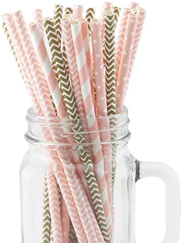 Youmewell Biodegradable Paper Drinking Straws Striped Chevron Polka Dot Pink Gold Disposable Paper Straws for Birthday Wedding Parties 100 Pcs