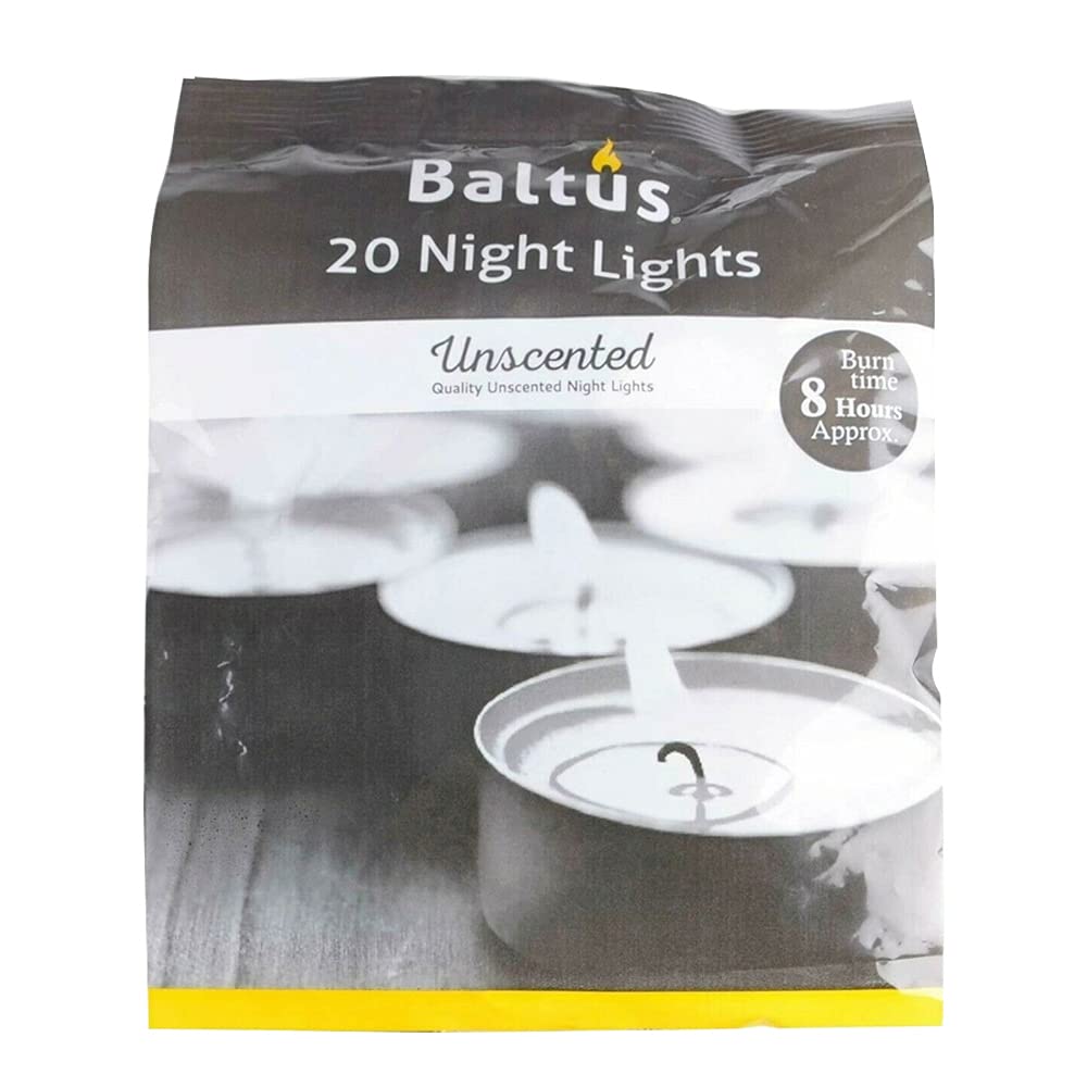 Baltus Pack of 20 Unscented Wax Night Lights Tealights Candles 8 Hour Burn Time