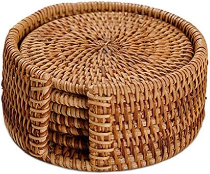 PeiGee Drink Coasters Set of 6 Handcraft 8CM Round Vine Plant Coasters with Holder Chic Natural Furniture - Bar Kitchen Dining Accessories - Office Table Essentials