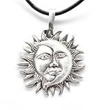 Pewter Sun Moon Face Celestial Lunar Solar Pendant, Leather Necklace