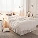 LIFEREVO Luxury Pom Poms Velvet Bed Skirt, Cream Velvet Wrap Around Bedspread, Diamond Quilted Fitted Bed Sheet with Bedskirt, 18 Inch Drop Dust Ruffle Decorative Bed Skirt Pompoms Fringe(King, Beige)