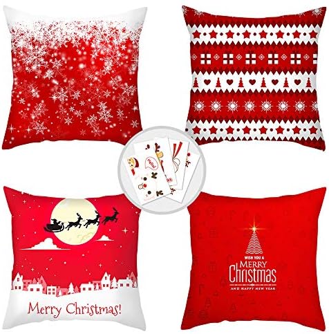 QPAU Christmas Throw Pillow Covers, Decorative Pet Pillow Cases Double-Sided Pattern Cushion Cover 18" x 18" Set of 4, with 4 x Christmas Stickers